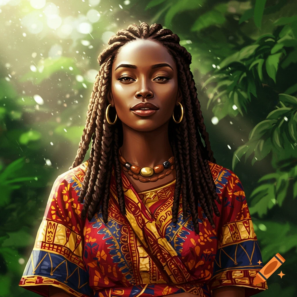 A Black woman with long braids, gold hoop earrings, and a multi-colored patterned dress smiles softly against a sun-dappled green foliage background.