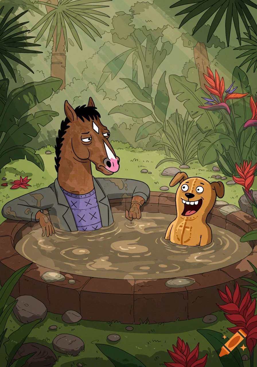 Bojack Horseman and Mr. Peanutbutter relax in a mud hot tub in a lush jungle, in a cartoon style.