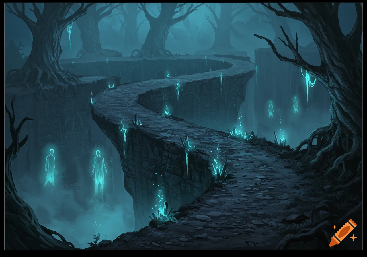 Dark fantasy art of a winding stone path over a misty chasm with glowing teal crystals, gnarled trees, and ethereal ghost figures.