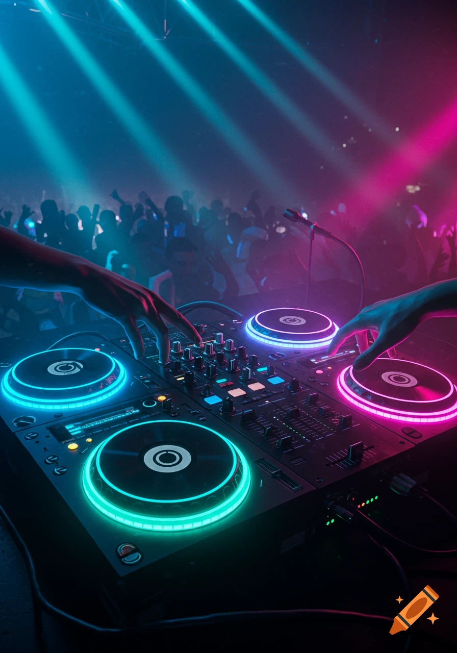 Close-up of a DJ mixer with three glowing blue and pink turntables, hands on controls, blurred crowd in neon light.