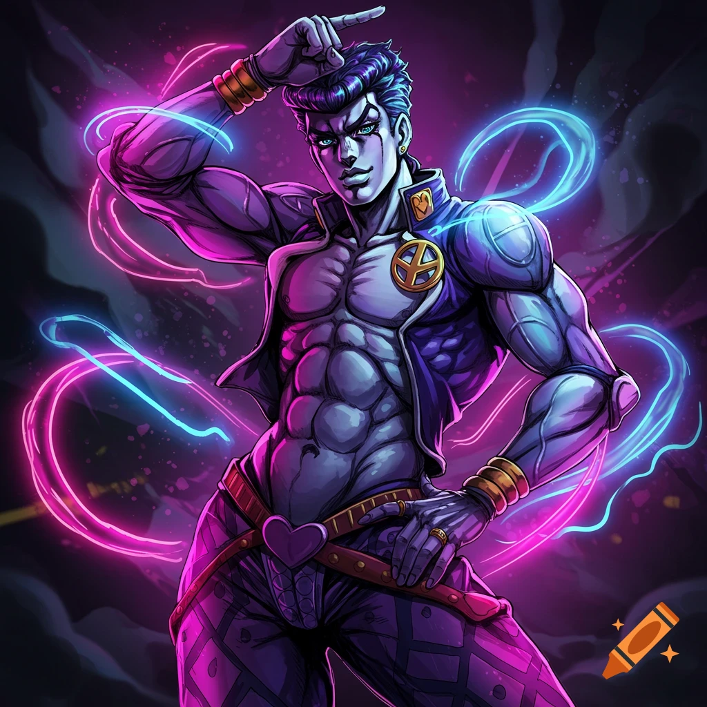 Muscular anime character in JoJo's Bizarre Adventure style, in a dynamic pose with purple, pink, and blue neon lighting.