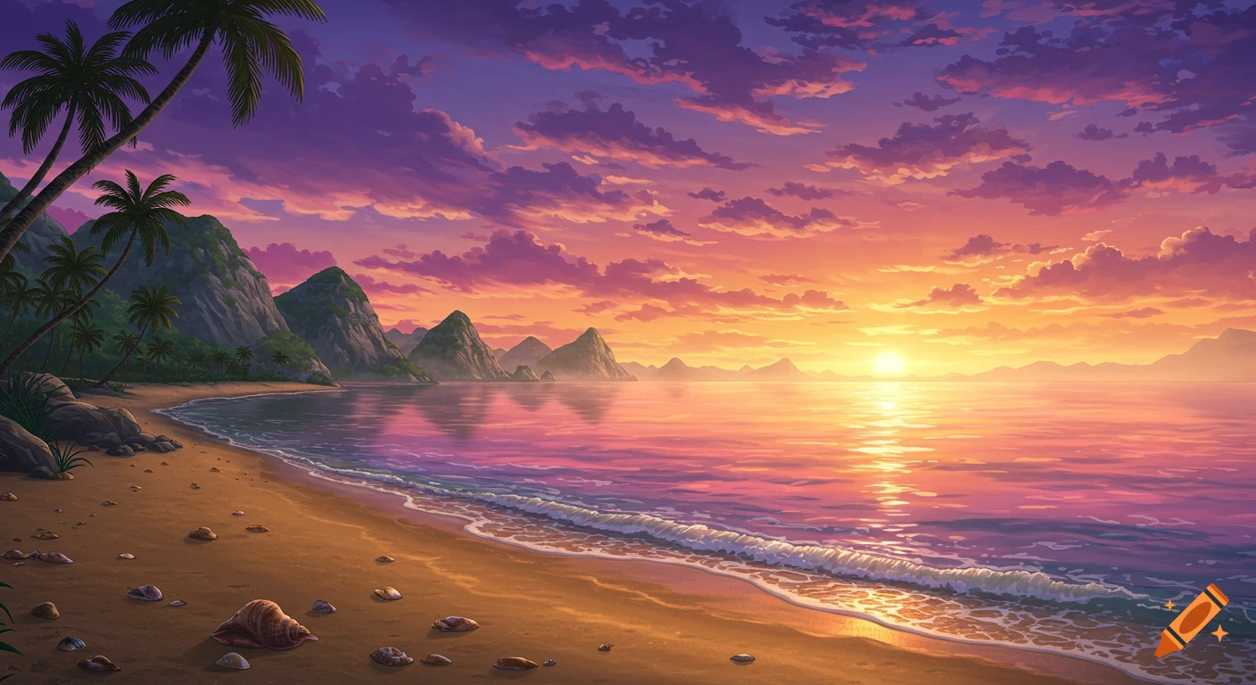 Vibrant anime-style beach sunset with pink and orange sky, calm ocean, golden sand, palm trees, and distant mountains.