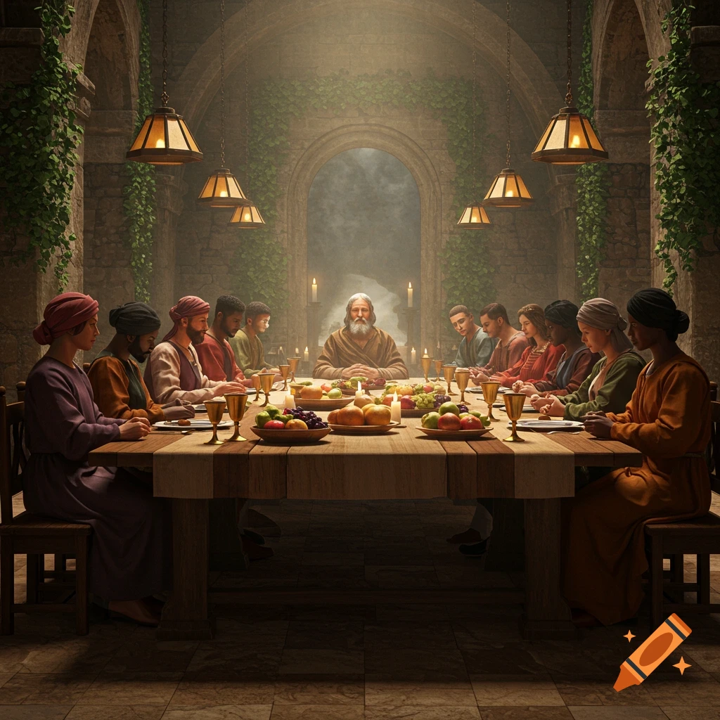 A bearded man surrounded by robed figures at a long table laden with food in an ancient, vine-covered stone hall under warm light.