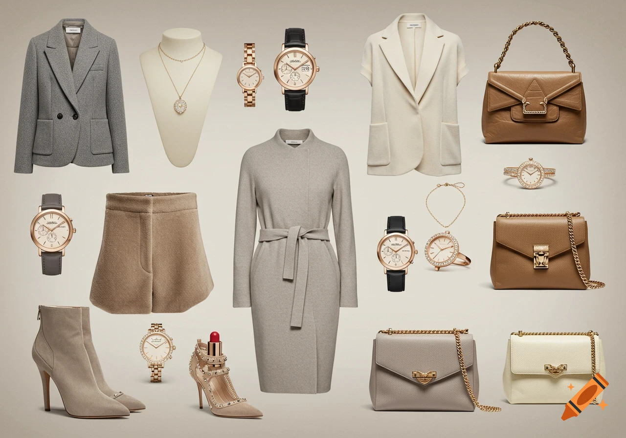 A flat lay of various luxury fashion items including grey and beige blazers, coats, skirts, watches, necklaces, handbags, high heels, and ankle boots.
