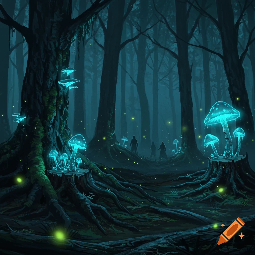 Dark fantasy forest with glowing blue mushrooms and silhouetted figures walking on a path, with small fireflies.