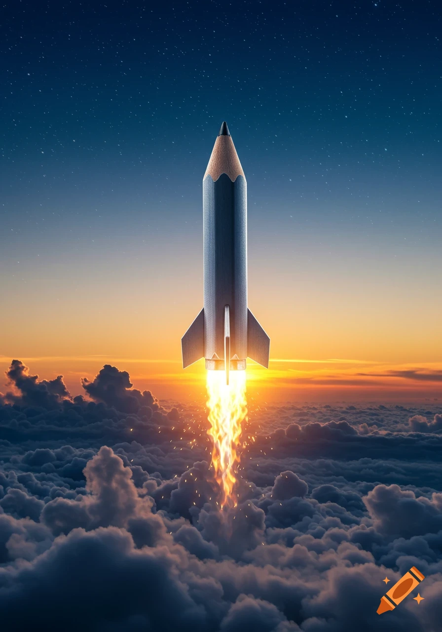 A photorealistic pencil-shaped rocket launches upwards from dense clouds at sunrise into a starry sky.