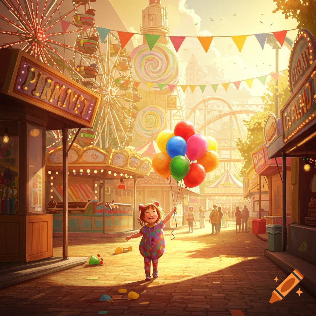 A happy child with colorful balloons walks through a vibrant, sun-drenched amusement park featuring Ferris wheels and carnival stalls.
