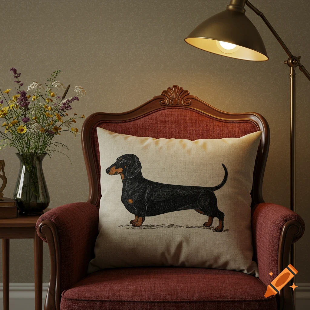 A black and tan dachshund illustration on a cream pillow rests on a red armchair in a cozy room with a lamp and flowers.