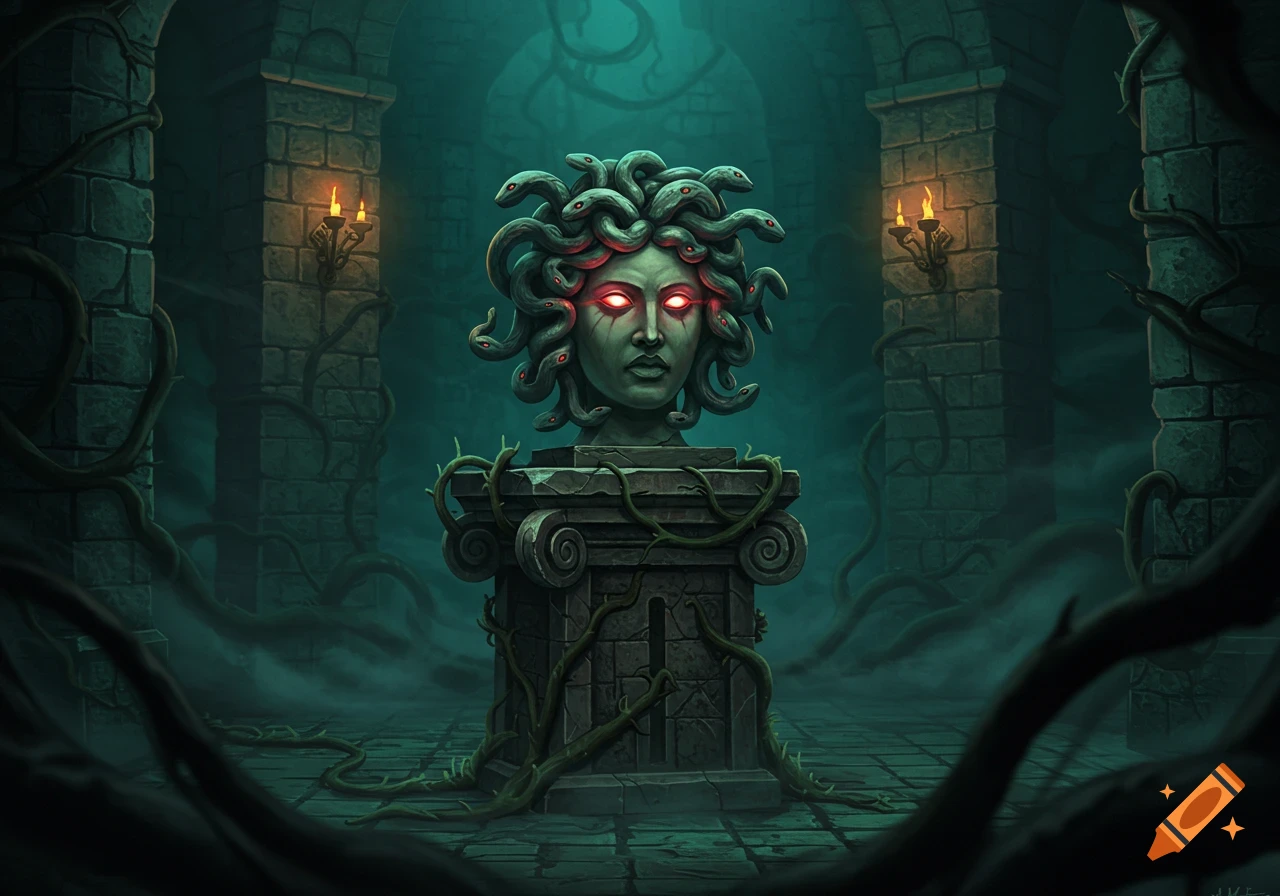 Medusa's head statue with glowing red eyes on a pedestal in a dark, eerie, vine-covered labyrinth, fantasy art style.