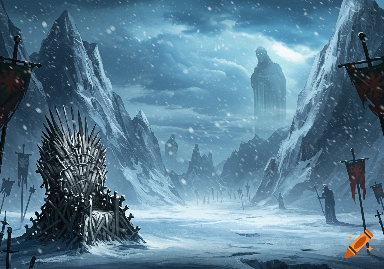 The Iron Throne in a snowy mountain pass with large statues and distant figures under a cloudy sky.