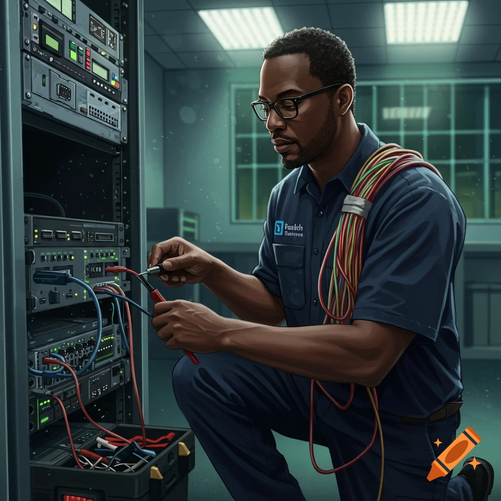 A Black man in a uniform and glasses kneels, connecting colorful wires in a server rack.