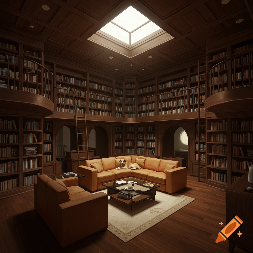 A grand, circular library room with tall wooden bookshelves, a large skylight, a sectional sofa with a dog, and a coffee table.