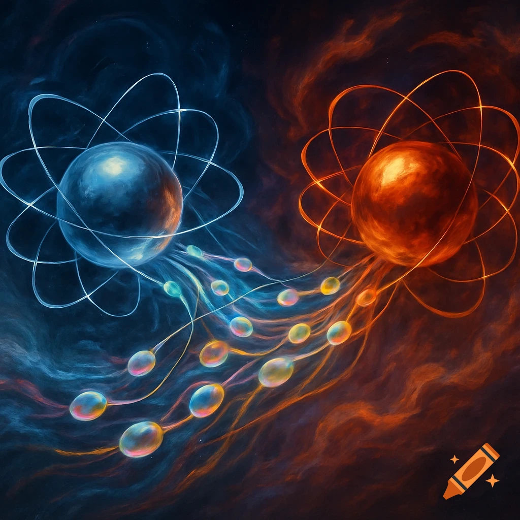 Two glowing, stylized atomic models, one blue and one orange, with colorful particles flowing between them on a dark, cloudy background.