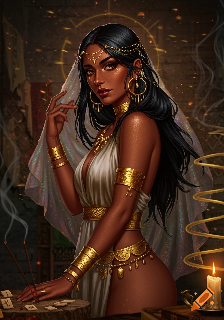 A dark-skinned woman with long black hair, wearing a white flowing gown, elaborate gold jewelry, and a sheer veil, holding her hand over small divination tiles and incense. A lit candle sits to her right.