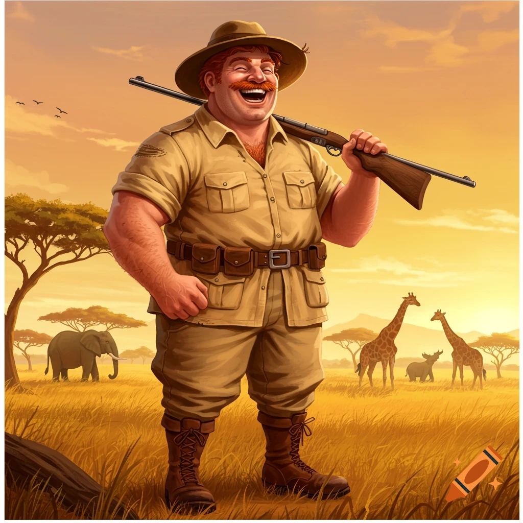 A joyful, cartoon-style ginger big game hunter with a rifle stands in a sunny African savanna with elephants and giraffes.