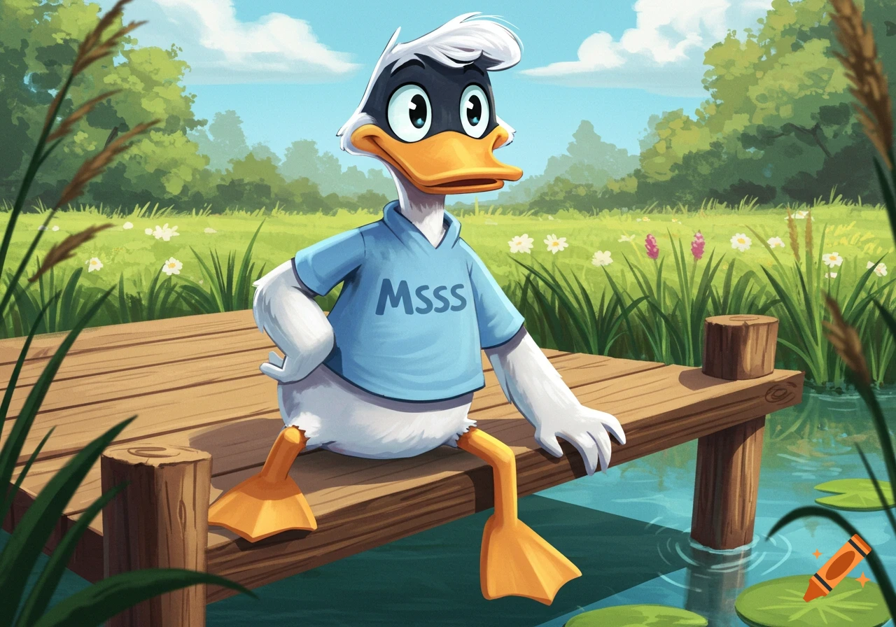 Cartoon duck in a blue shirt sitting on a wooden dock by a pond, surrounded by grass and trees in a sunny landscape.