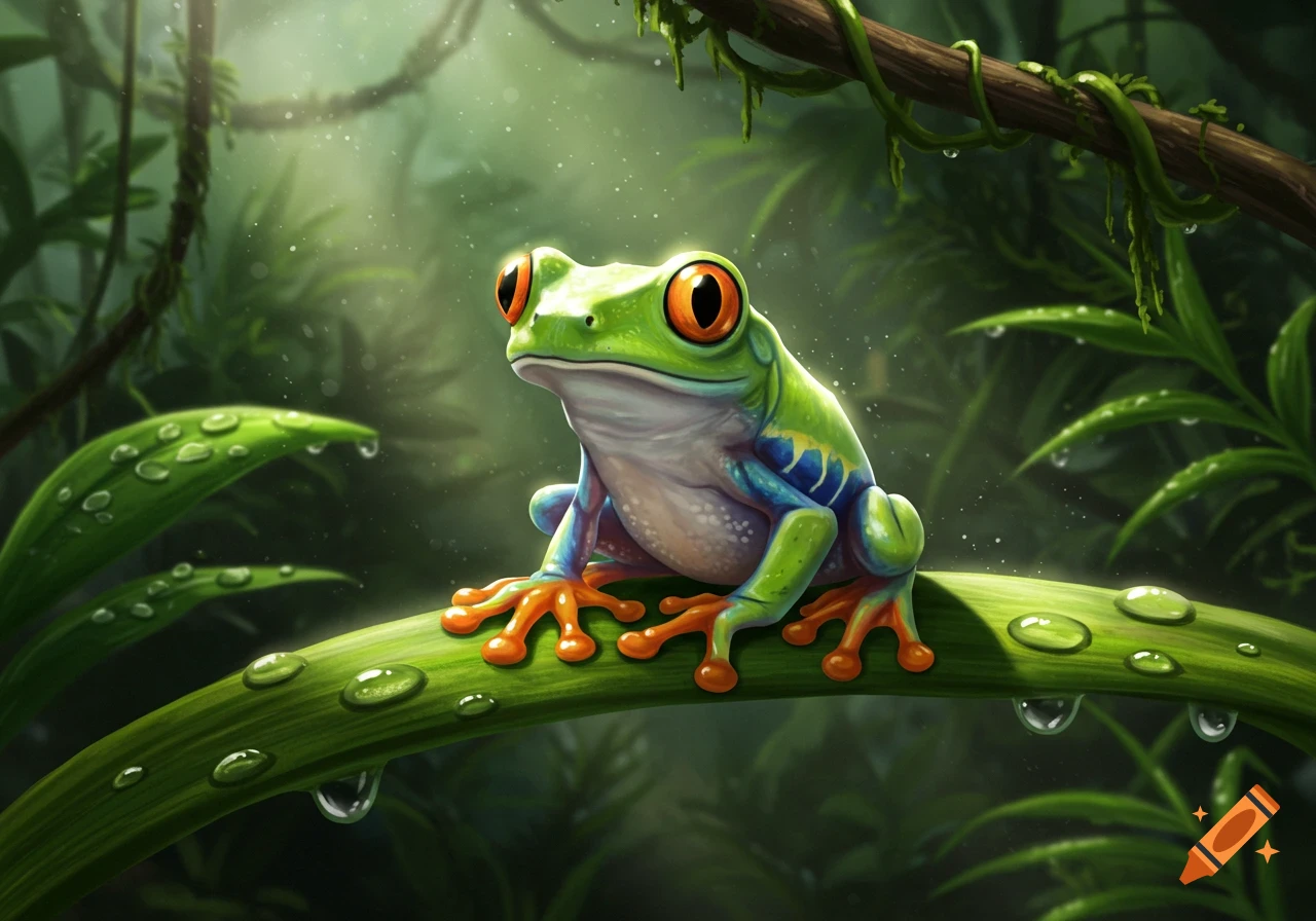 A vibrant green and blue tree frog with large orange eyes and feet sits on a dewy leaf in a lush jungle.