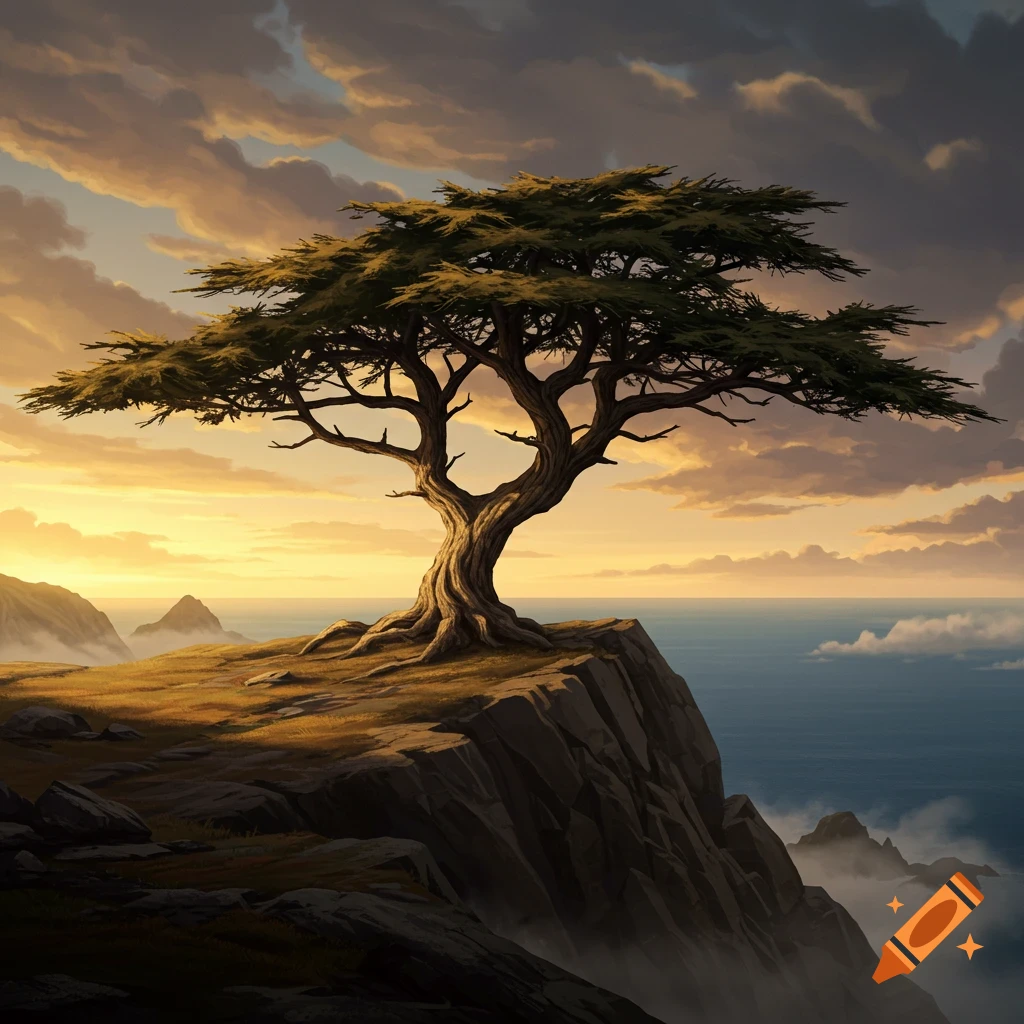 A large, gnarled tree stands alone on a cliff overlooking the ocean at sunset.