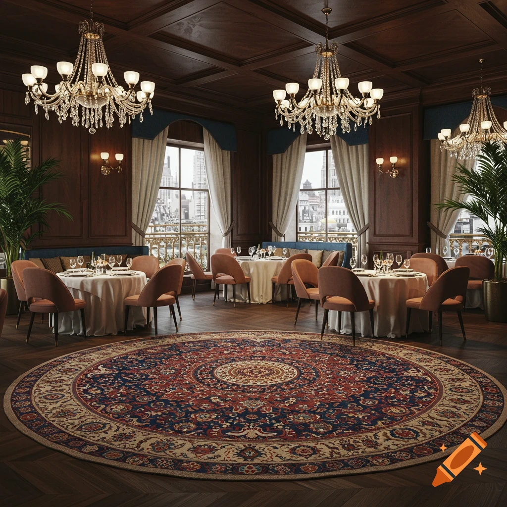 Elegant restaurant dining room with a large round patterned rug, round tables with place settings, pink velvet chairs, chandeliers, and city views.