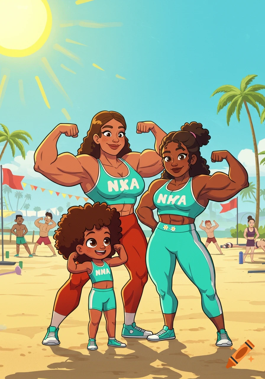 Cartoon of two muscular women and a young girl flexing their muscles at a sunny beach with palm trees and other people exercising.