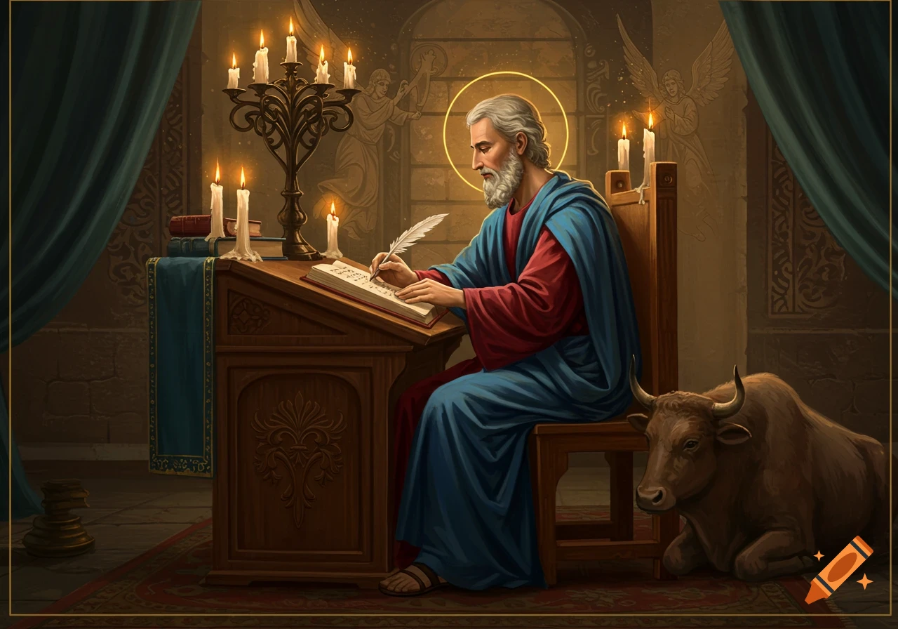 A saintly man with a halo and beard writes at a wooden desk with a quill, lit by candles, a bull rests beside him.