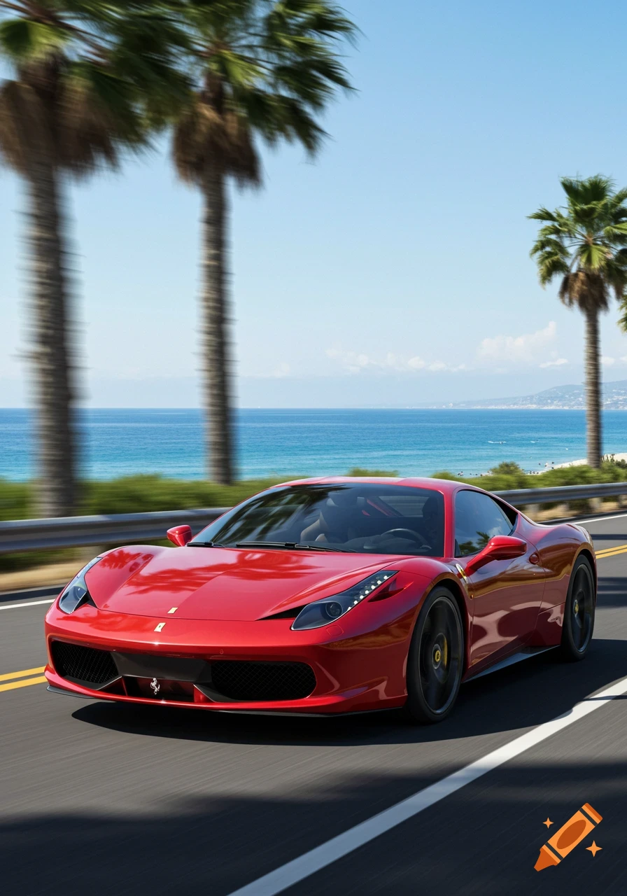 A bright red Ferrari sports car speeds down a sunny coastal road lined with palm trees, with the blue ocean visible.