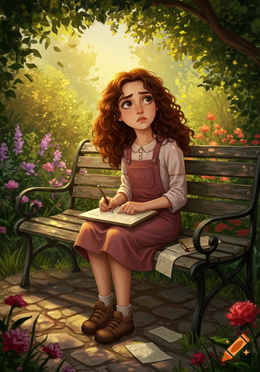 A thoughtful young girl with curly brown hair sits on a park bench, drawing in a sketchpad under dappled sunlight.