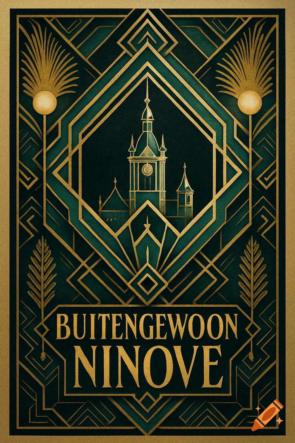 Art Deco poster in teal and gold with geometric patterns, a stylized building, and 'Buitengewoon Ninove' text.
