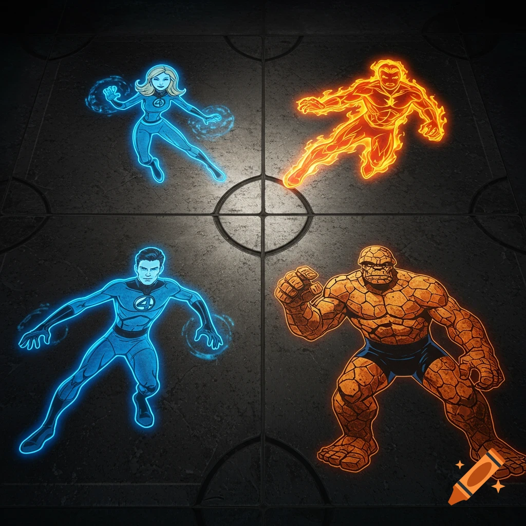 Stylized glowing outlines of the Fantastic Four heroes on dark floor tiles.