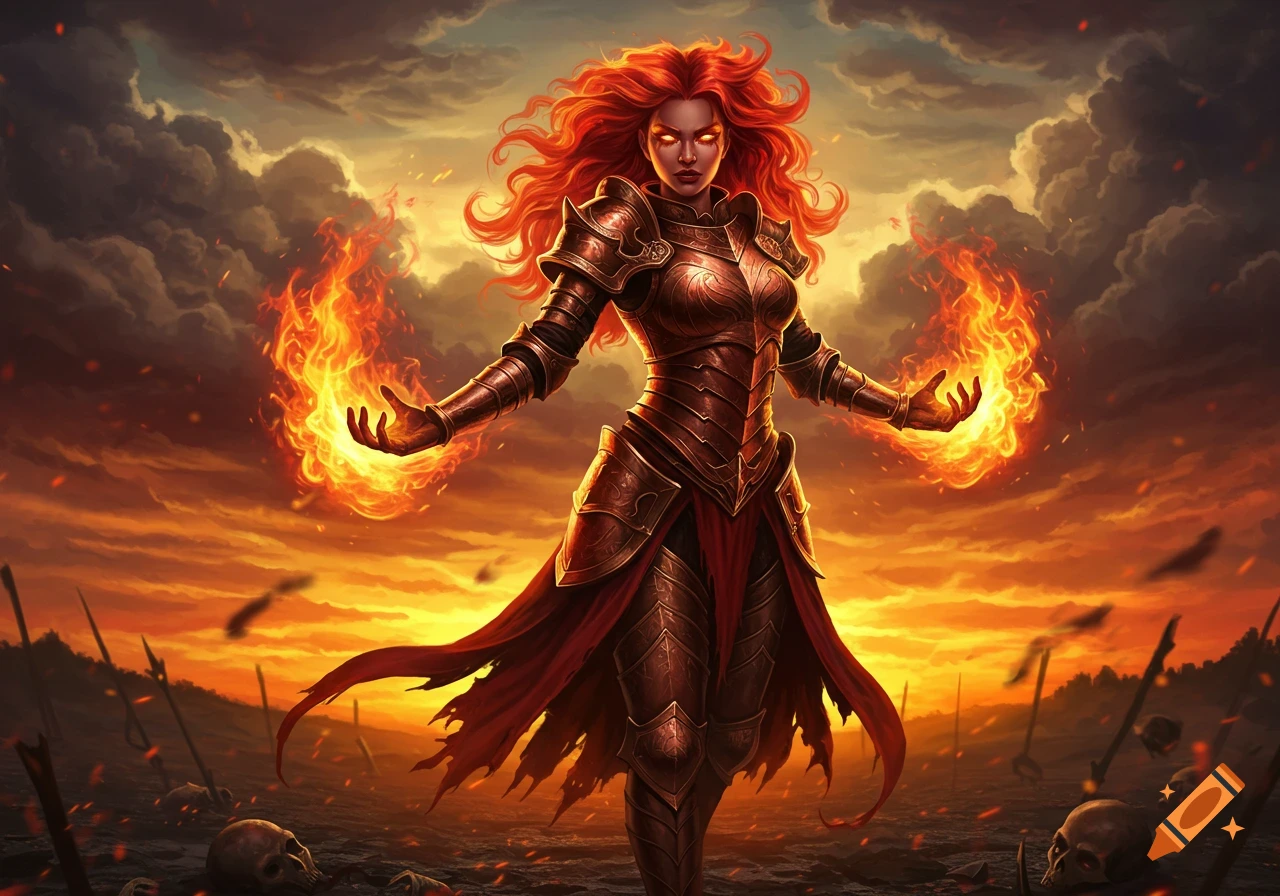 A fiery female warrior in ornate bronze armor stands on a battlefield with skulls, summoning flames from her hands at sunset.