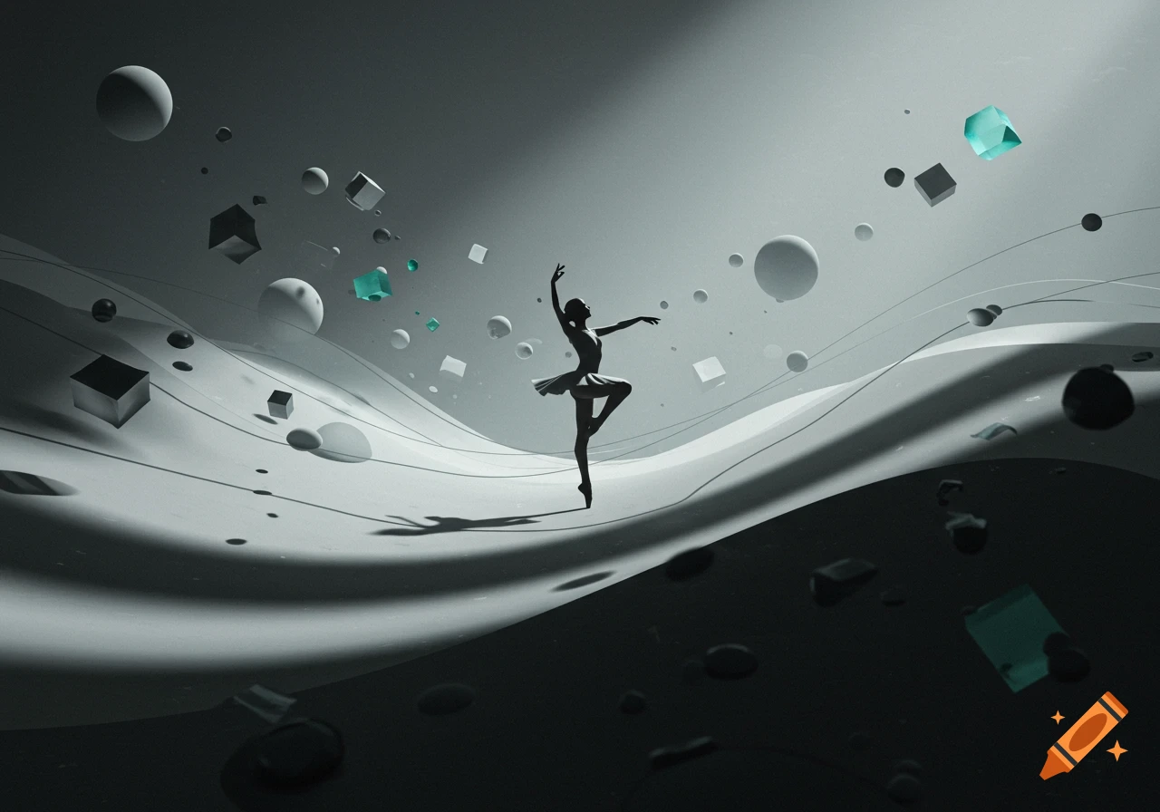 Silhouette of a ballerina on pointe amidst floating abstract spheres and cubes in a minimalist, grayscale setting with teal accents.