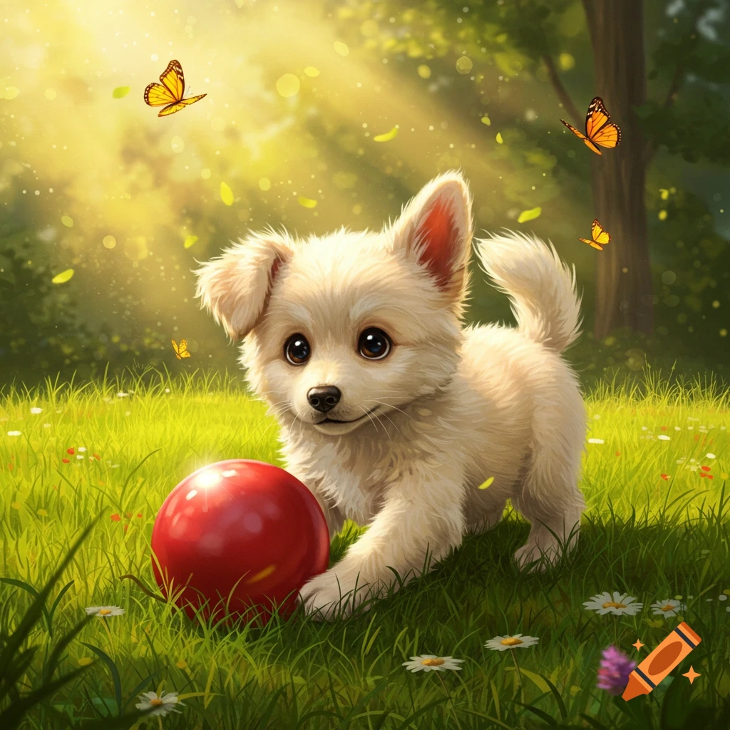 A fluffy white puppy with big eyes plays with a red ball in a sunny green meadow with butterflies and flowers.