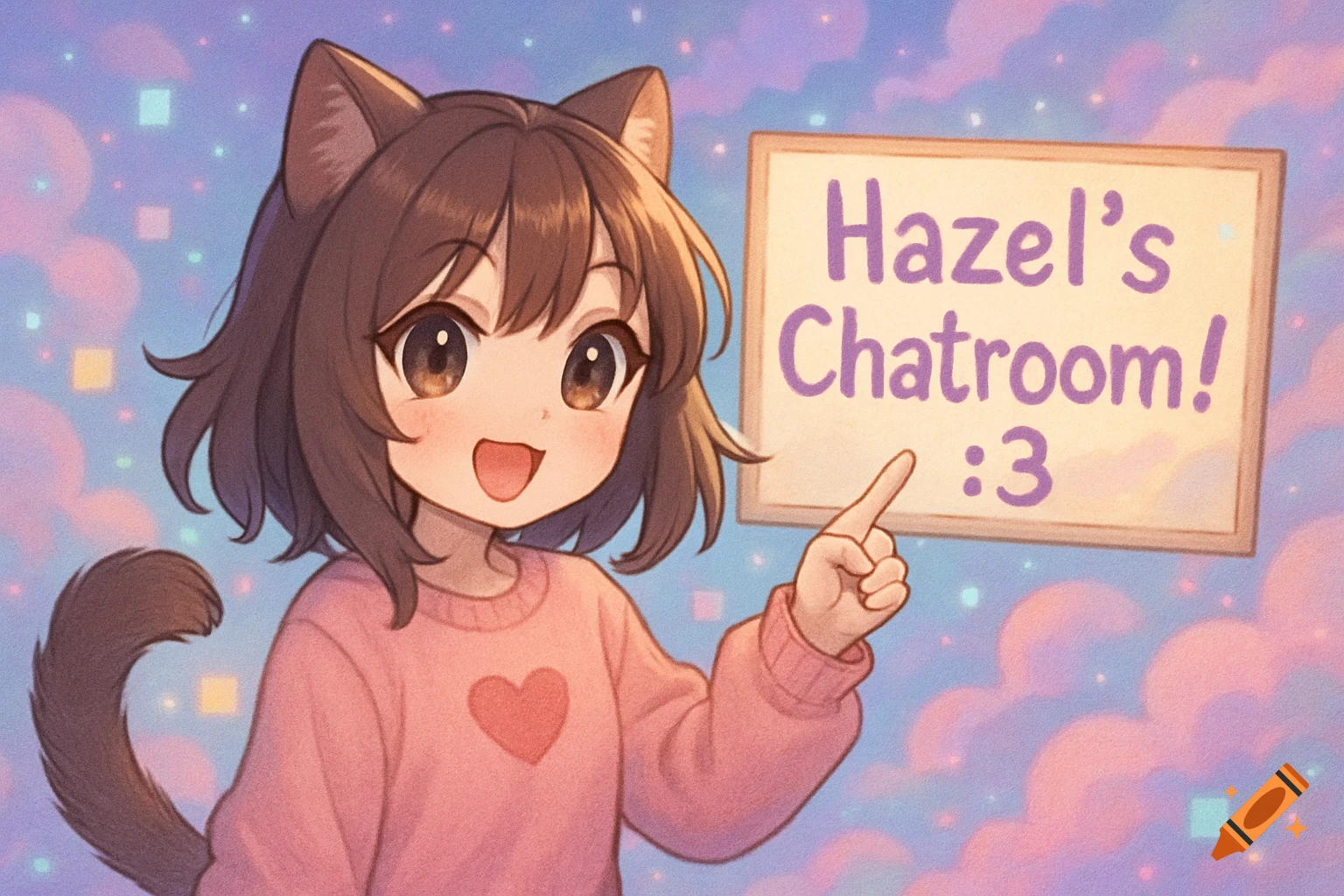 An anime girl with brown cat ears and tail, wearing a pink sweater with a heart, points to a sign that says "Hazel's Chatroom! :3".
