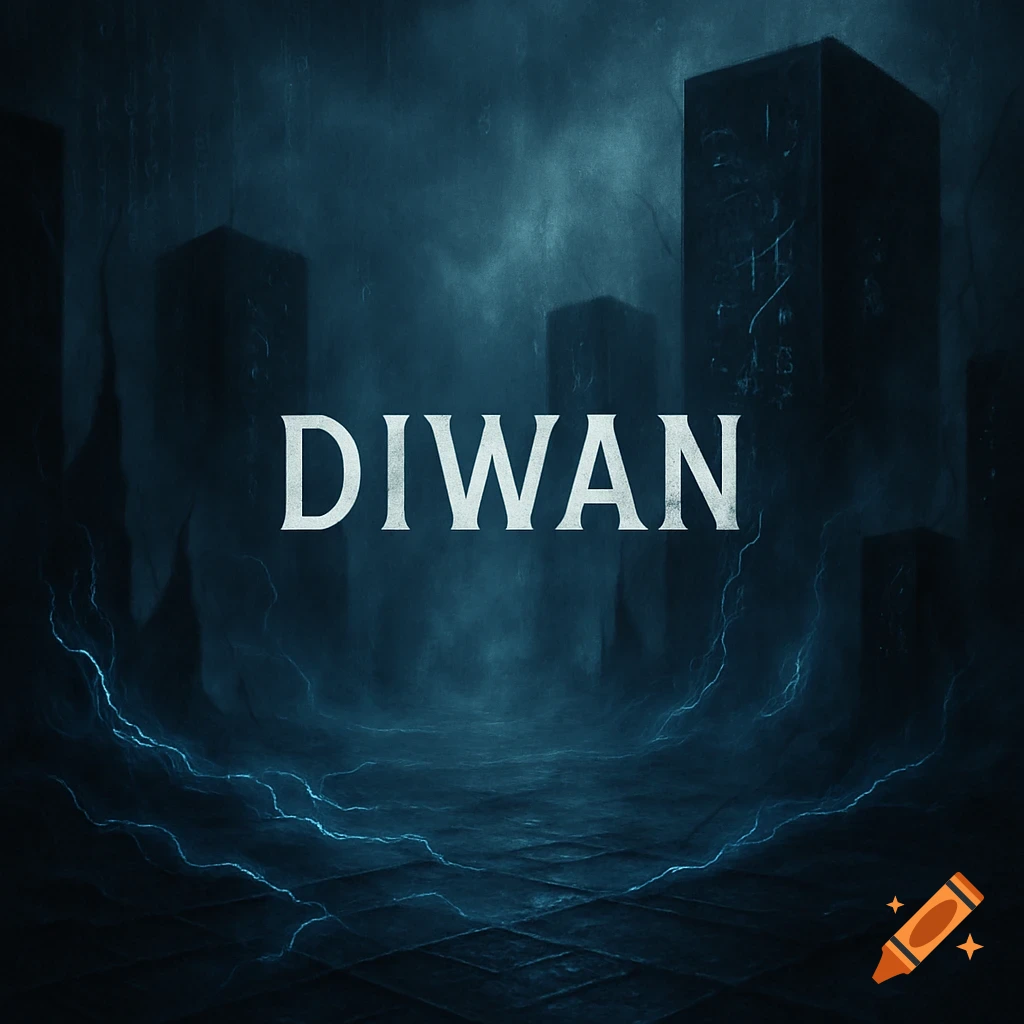 Dark, eerie digital environment with mysterious towering structures and glowing blue energy lines. The word 'DIWAN' is prominently displayed in white.