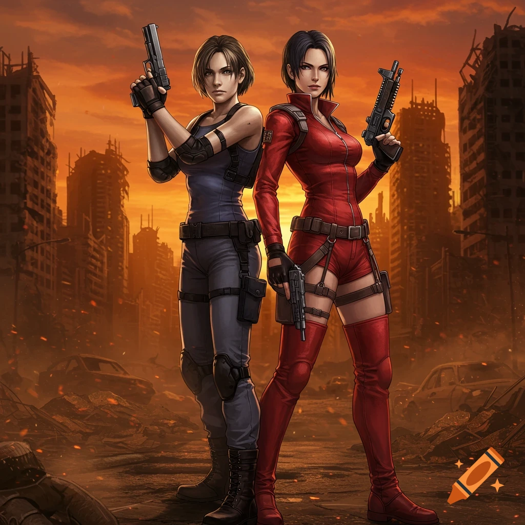 Digital art of Jill and Regina, in tactical gear and holding guns, standing in a destroyed city under an orange sky.
