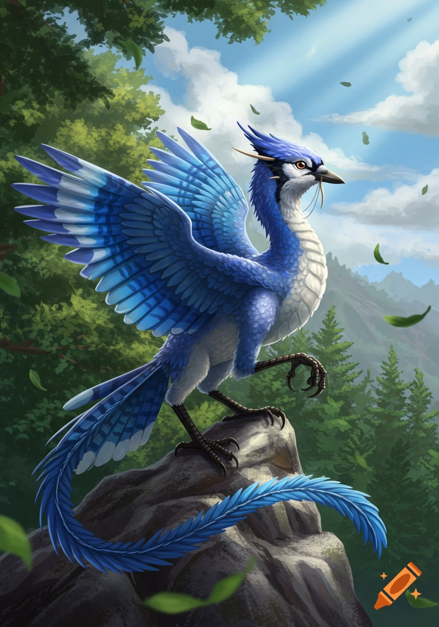A majestic blue jay with dragon-like features, vibrant blue and white plumage, perching on a rock in a lush forest with leaves falling.