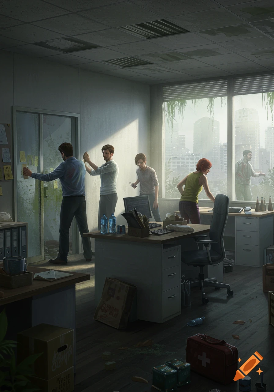 Digital painting of survivors fortifying a cluttered post-apocalyptic office, barricading a glass door, with a foggy cityscape and a zombie figure visible outside.