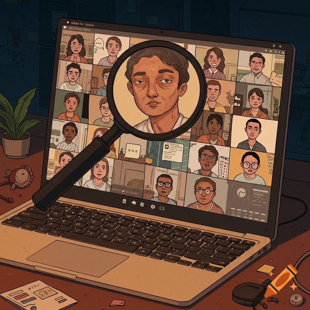 An illustration of a laptop displaying a video conference with many faces, one of which is magnified.
