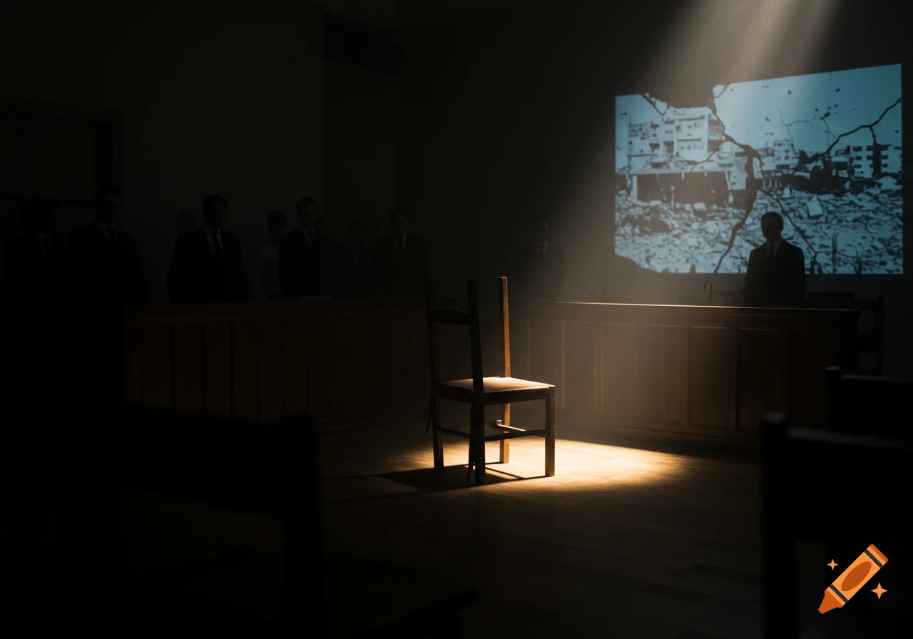A dark, dramatic courtroom with a single chair in a spotlight and a projected image of a destroyed city on the wall.