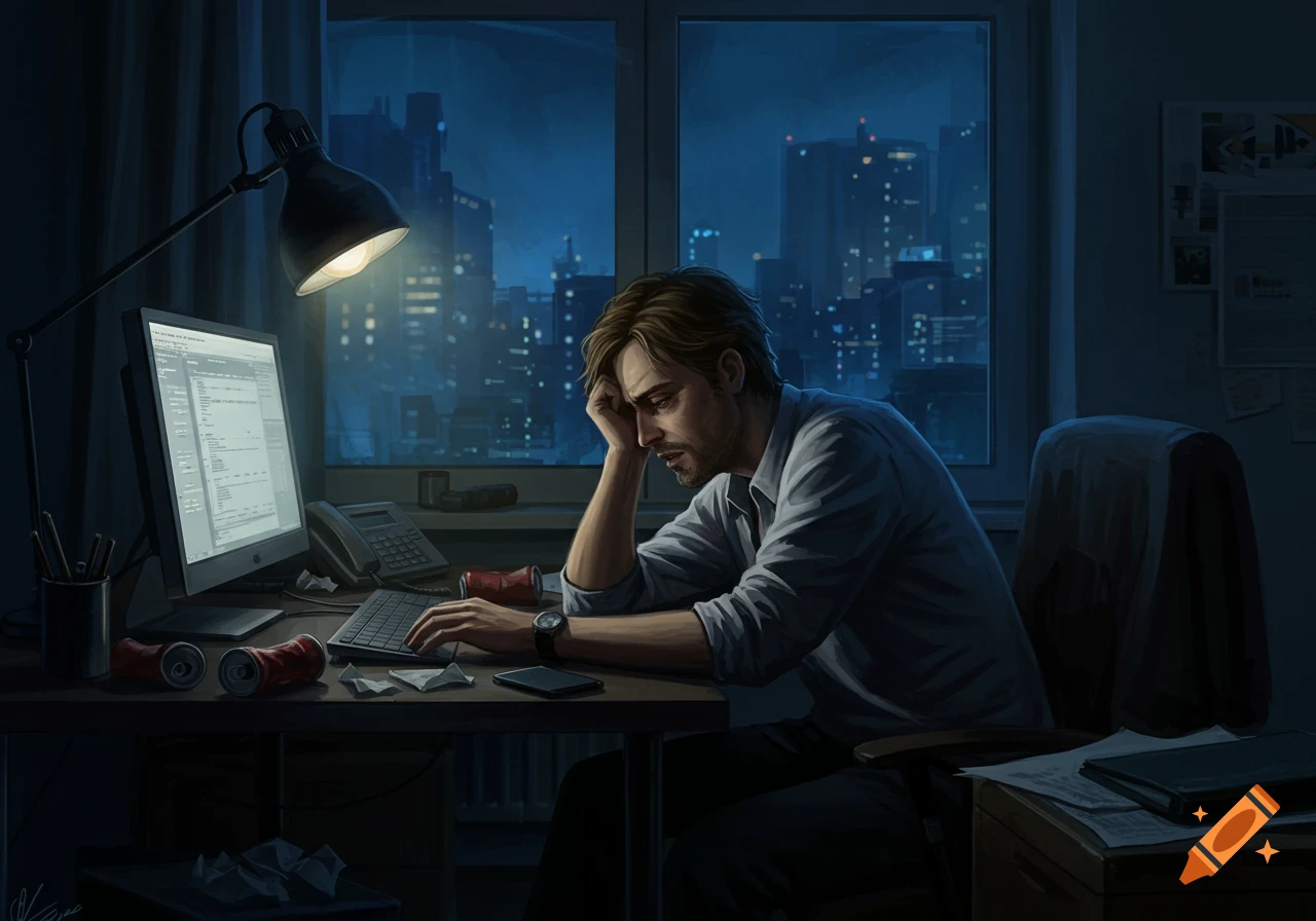 Tired man working at a computer late at night in a city apartment, digital art.