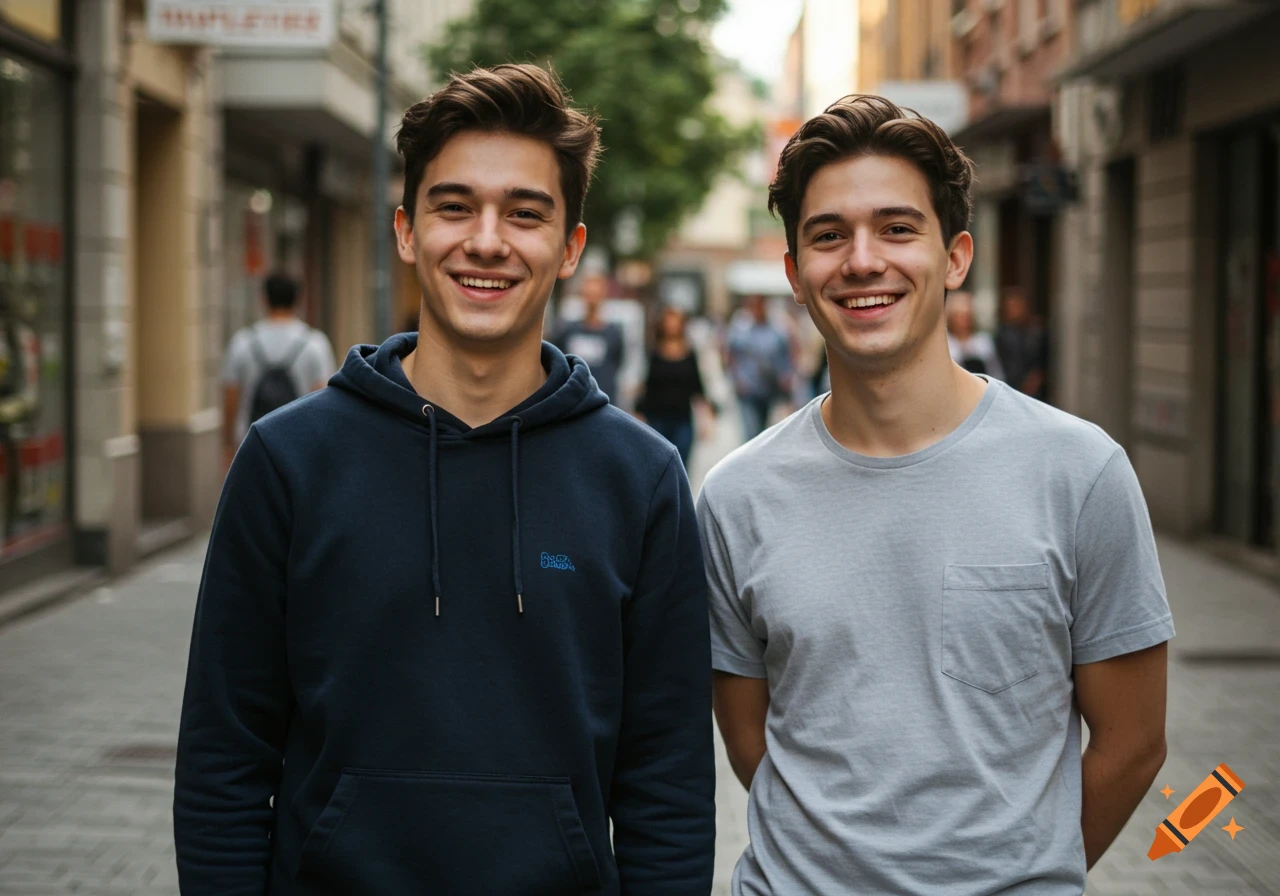Two smiling young men in casual clothes stand on a city street, looking at the camera.