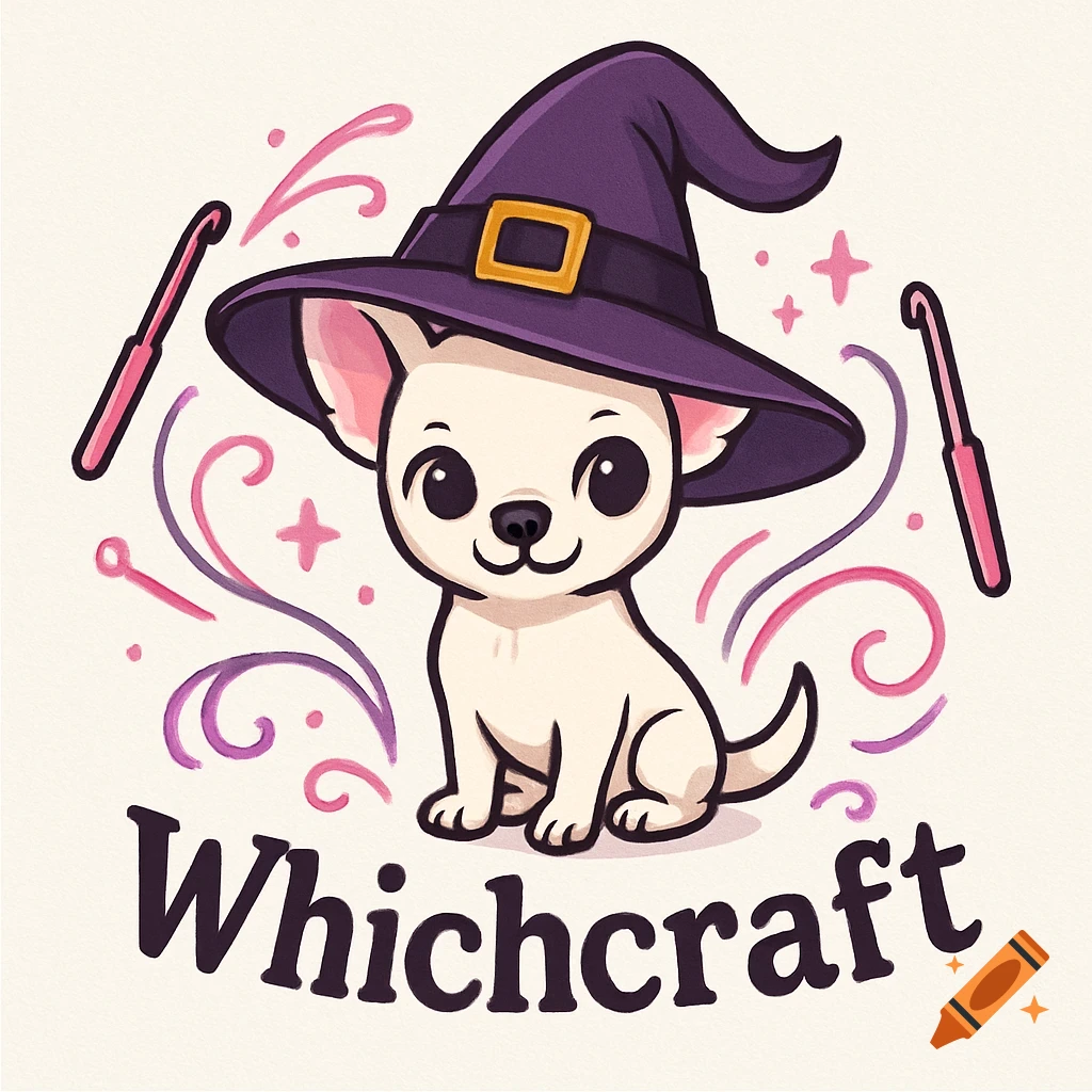 A cute cartoon white chihuahua wearing a purple witch hat, with pink crochet hooks and swirling lines, above the word "Whichcraft".