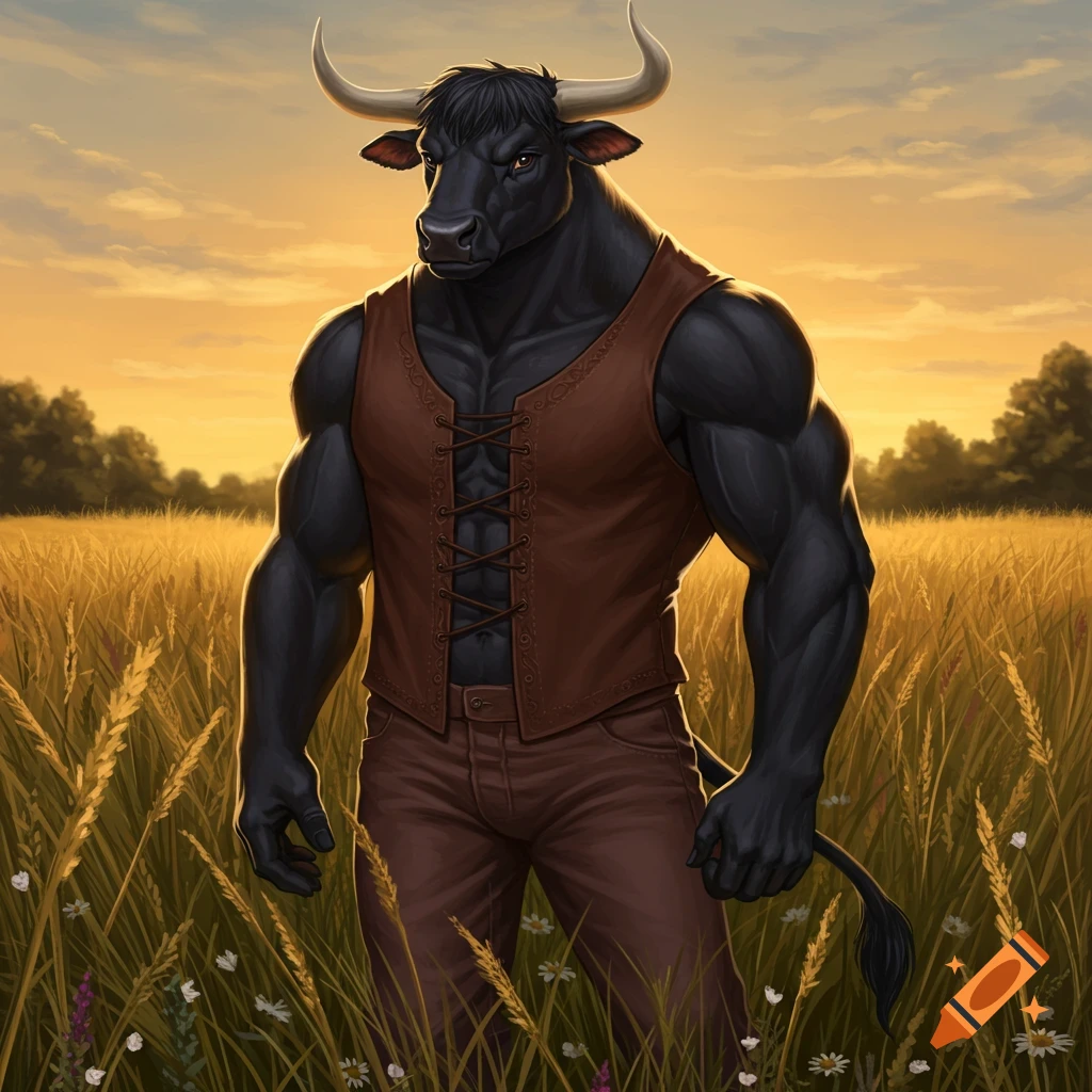 A muscular black anthropomorphic bull with horns, wearing a brown vest and pants, stands in a golden wheat field at sunset.
