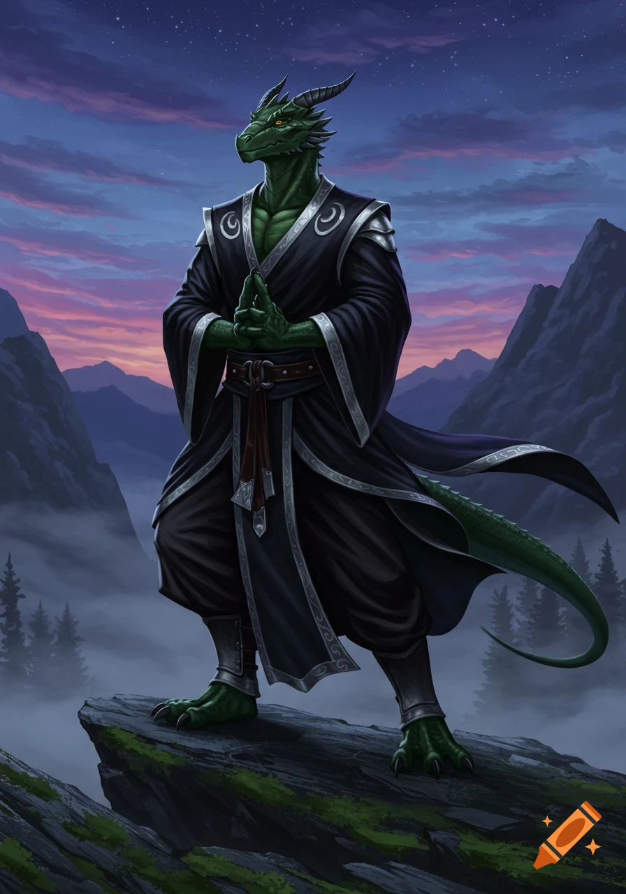 A dark green Dragonborn monk in black robes with silver accents meditates on a mossy mountain cliff at twilight.