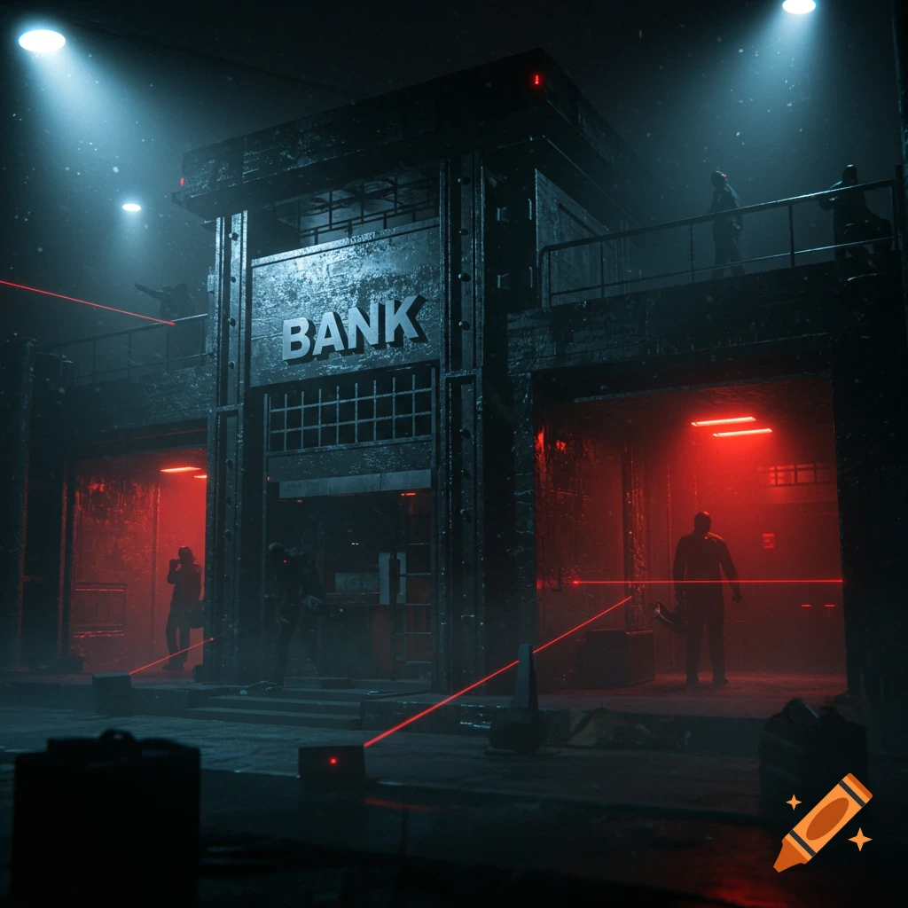 A dark, gritty bank building at night, illuminated by spotlights and red lasers, with shadowy figures resembling thieves.