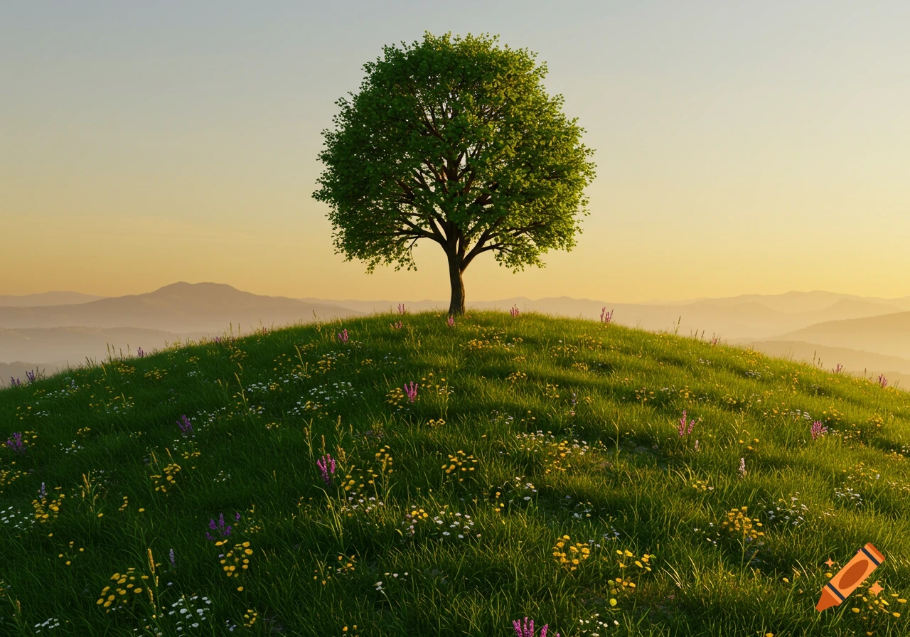 A solitary tree with lush green leaves stands atop a grassy hill dotted with colorful wildflowers, set against a hazy mountain range at sunset.