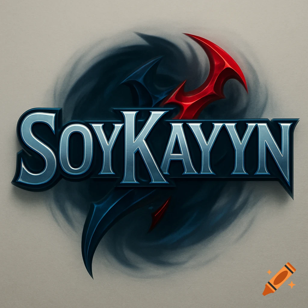 A stylized logo with metallic silver and blue letters spelling 'SOYKAYYN' against a smoky dark background with red and blue sharp, claw-like designs.