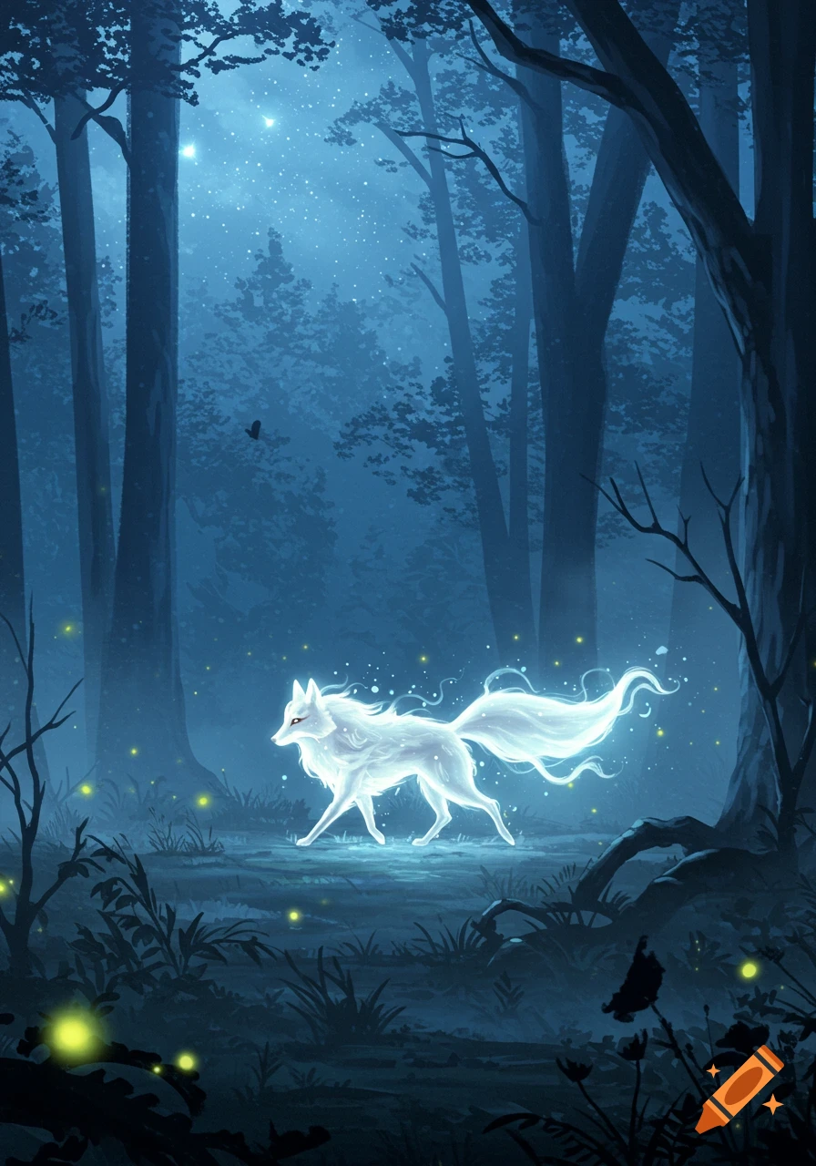 A glowing white fox-like creature walks through a mystical, dark blue forest with scattered fireflies, digital art.