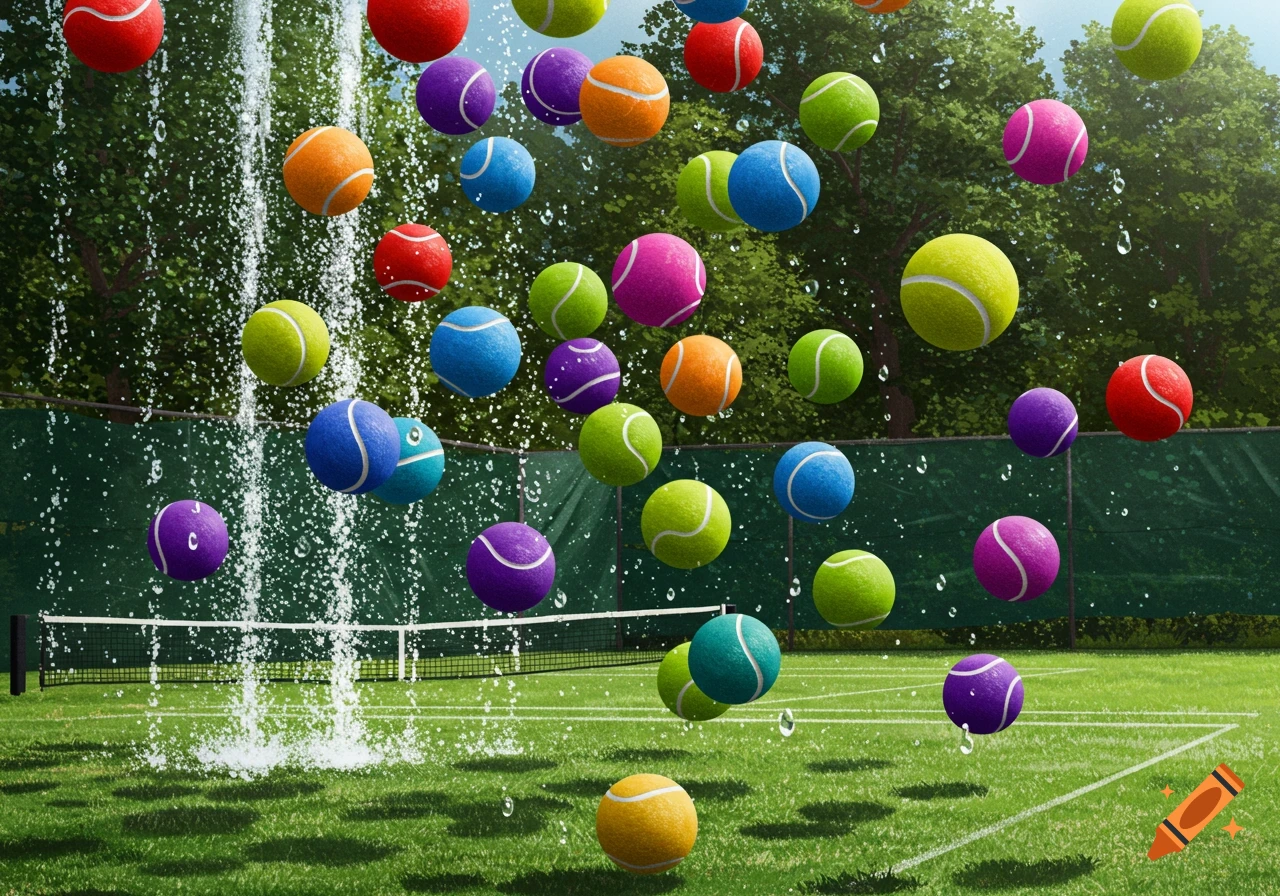 Colorful tennis balls of various hues fall like rain onto a green tennis court, with water splashing on the left side.