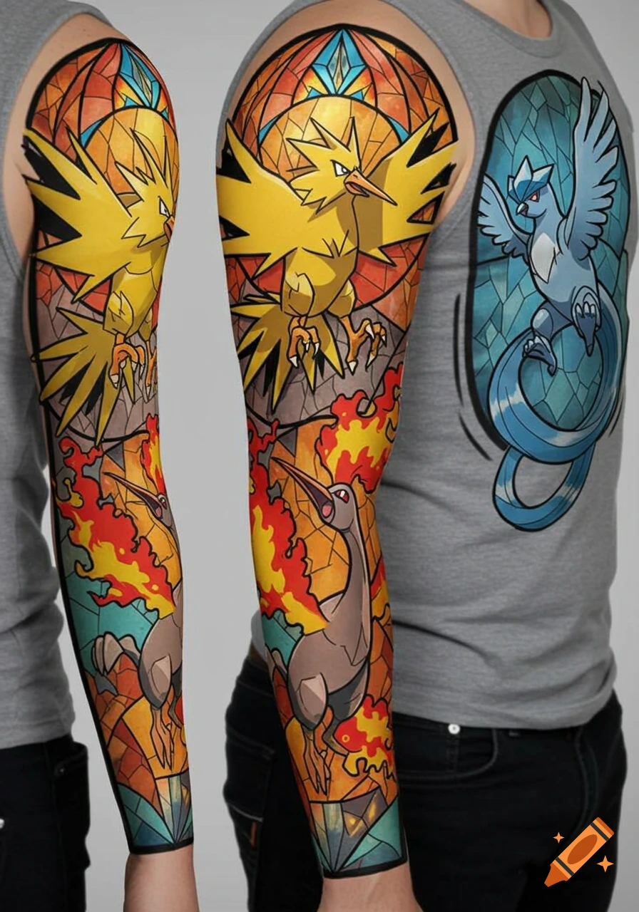 Colorful stained glass Pokemon tattoo sleeve on a man's arm, featuring Zapdos, Moltres, and Articuno.
